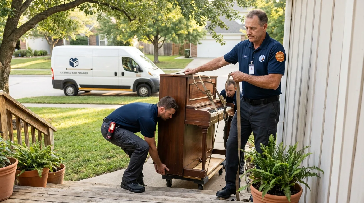 Licensed piano movers securing grand piano in Moses Lake, WA