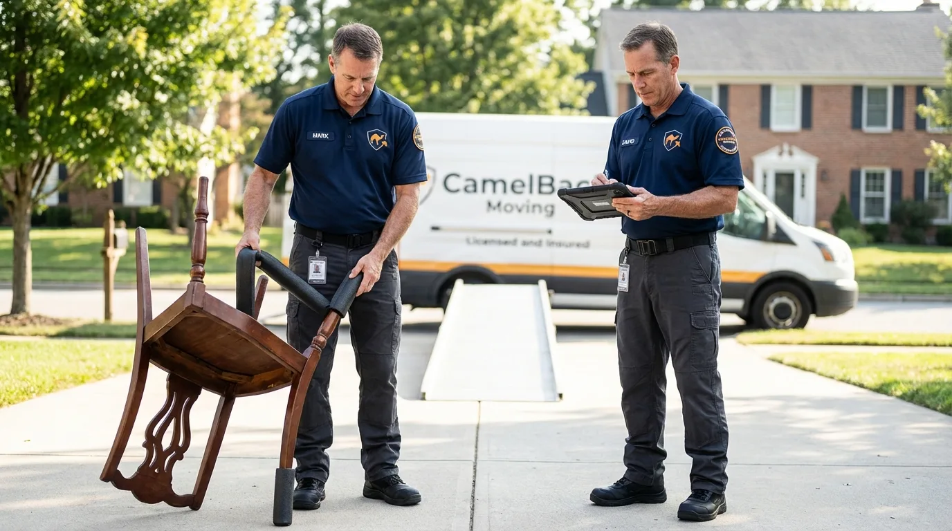 Movers inspecting furniture for damage prevention before loading in Moses Lake, WA