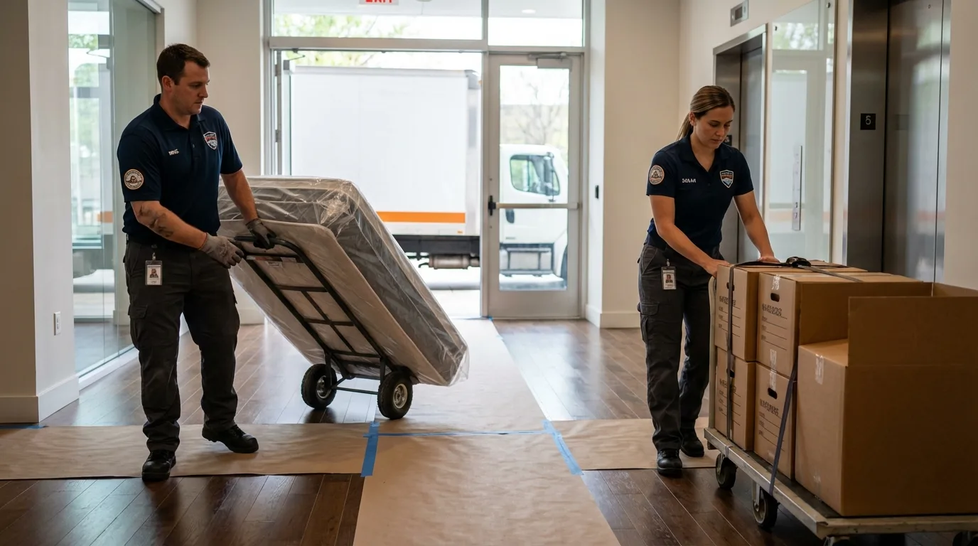 Professional apartment movers loading elevator in Moses Lake, WA