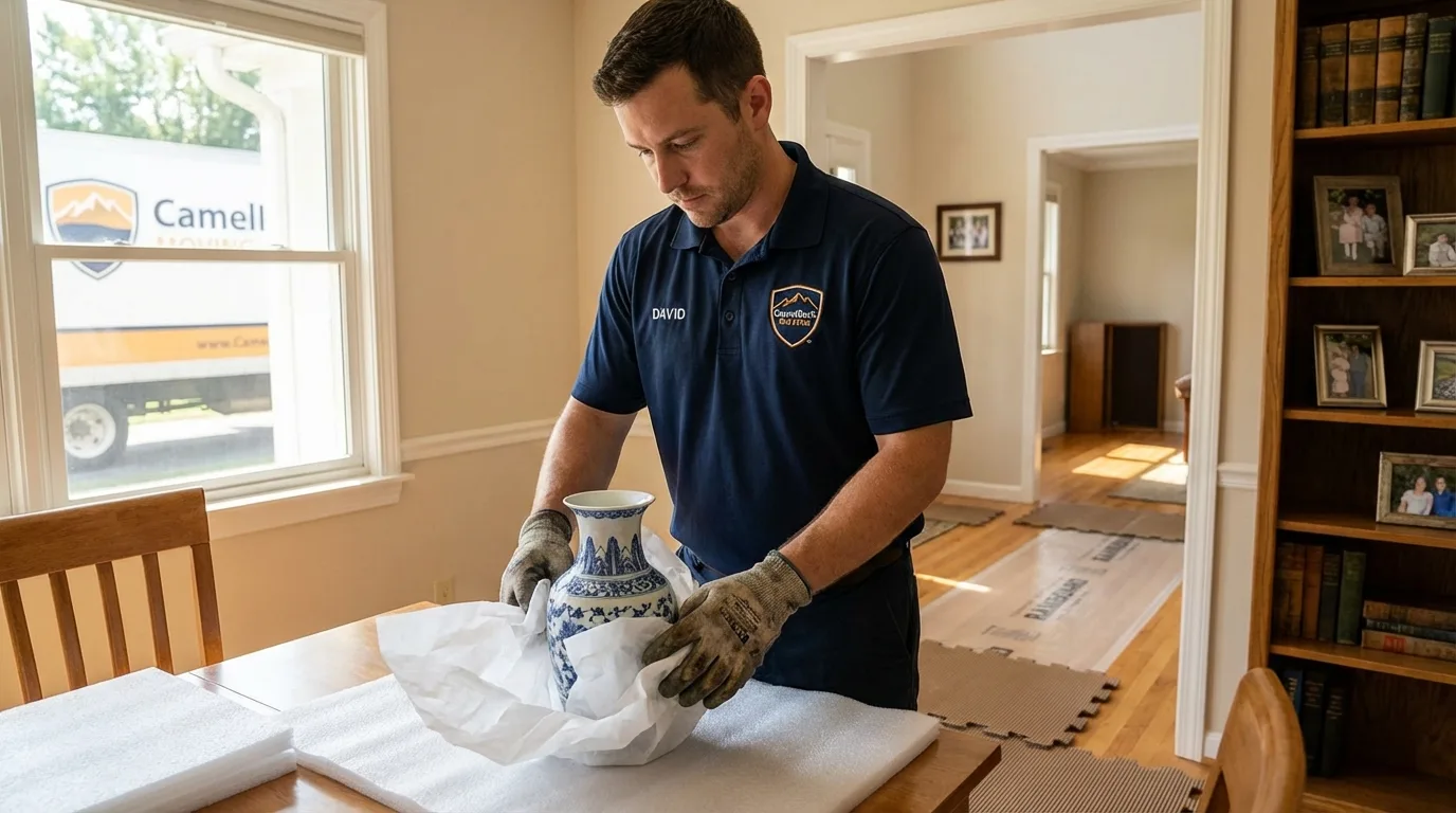 Professional crew carefully wrapping antique vase for senior downsizing move in Moses Lake, WA